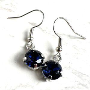 Cobalt Blue Glass Drop Earrings, Silver Tone, Prong Set, Vintage Style, Pierced
